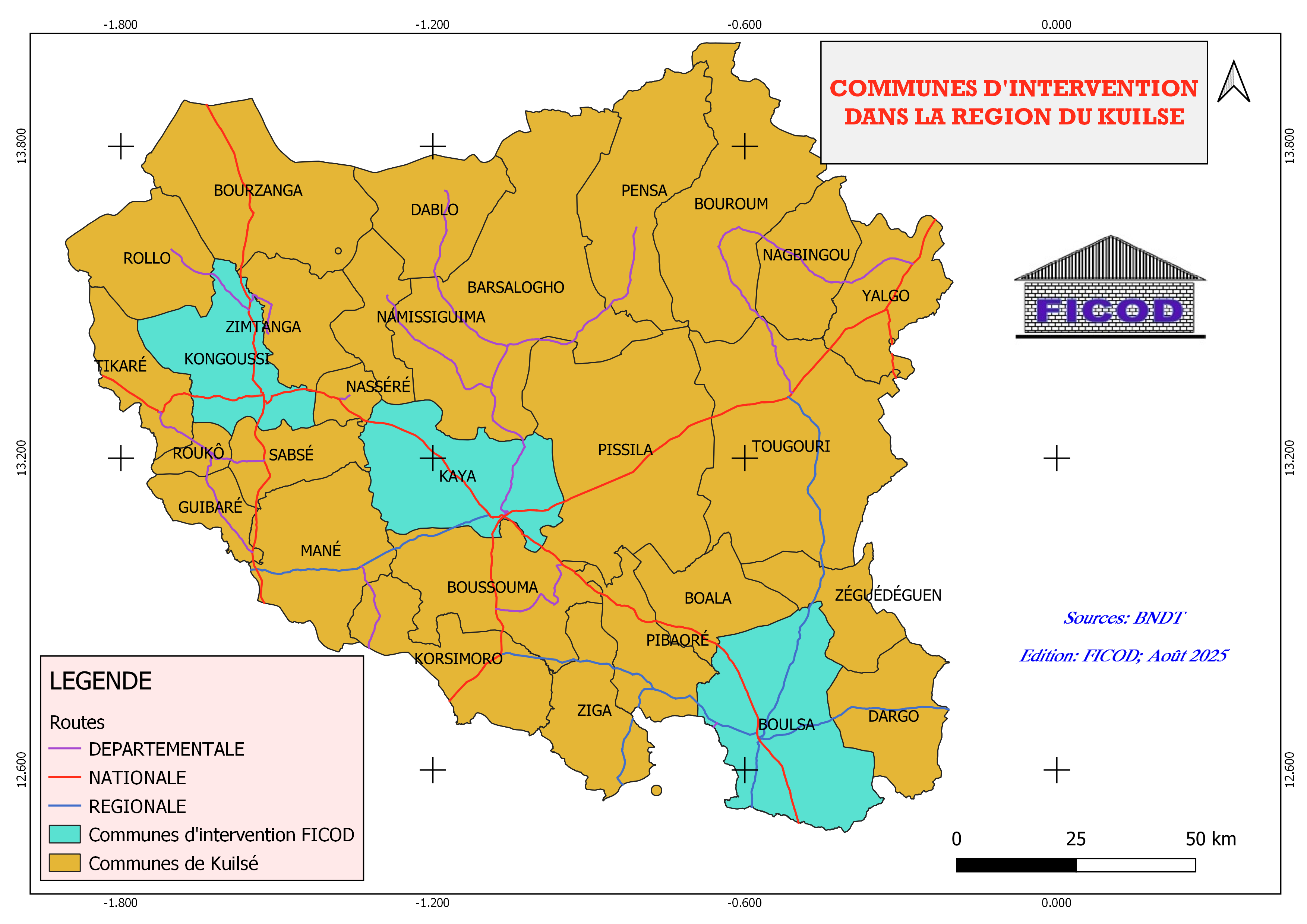 Carte des communes Kaya, Kongoussi, Boulsa